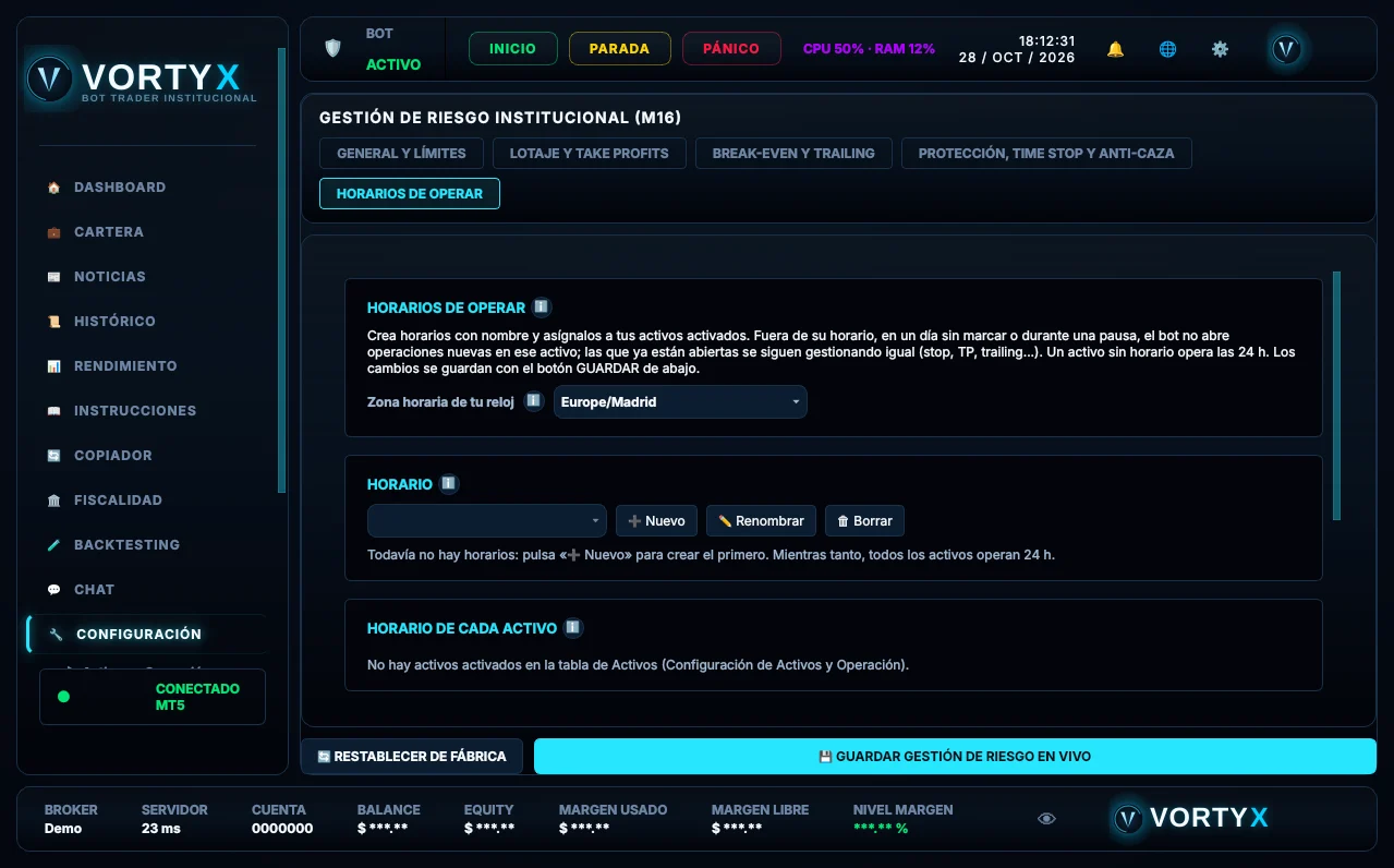 Horarios de operar por activo